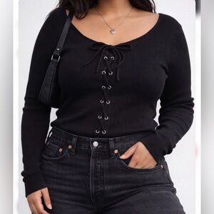 Bar III Black Ribbed Lace Up Top XL Stretch Knit Long Sleeve Goth Y2K